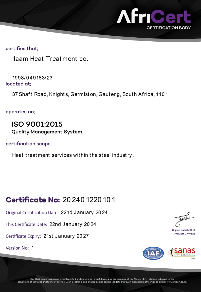 Ilaam Heat Treatment cc. ISO 9001-2015 - Germiston Certificate - 2024-2027 Version1